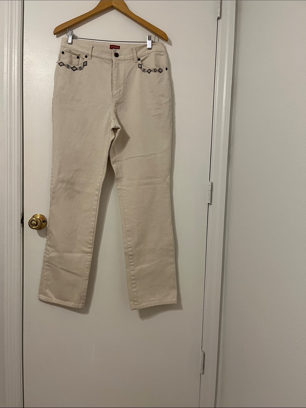 Chaps Cram/Ivory Denim Jeans with Beaded Front  pockets .